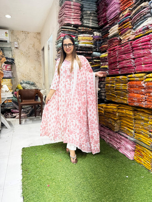 Pure Mull Cotton Off White And Rose Gold Pink Shoulder Anarkali 3pc Set