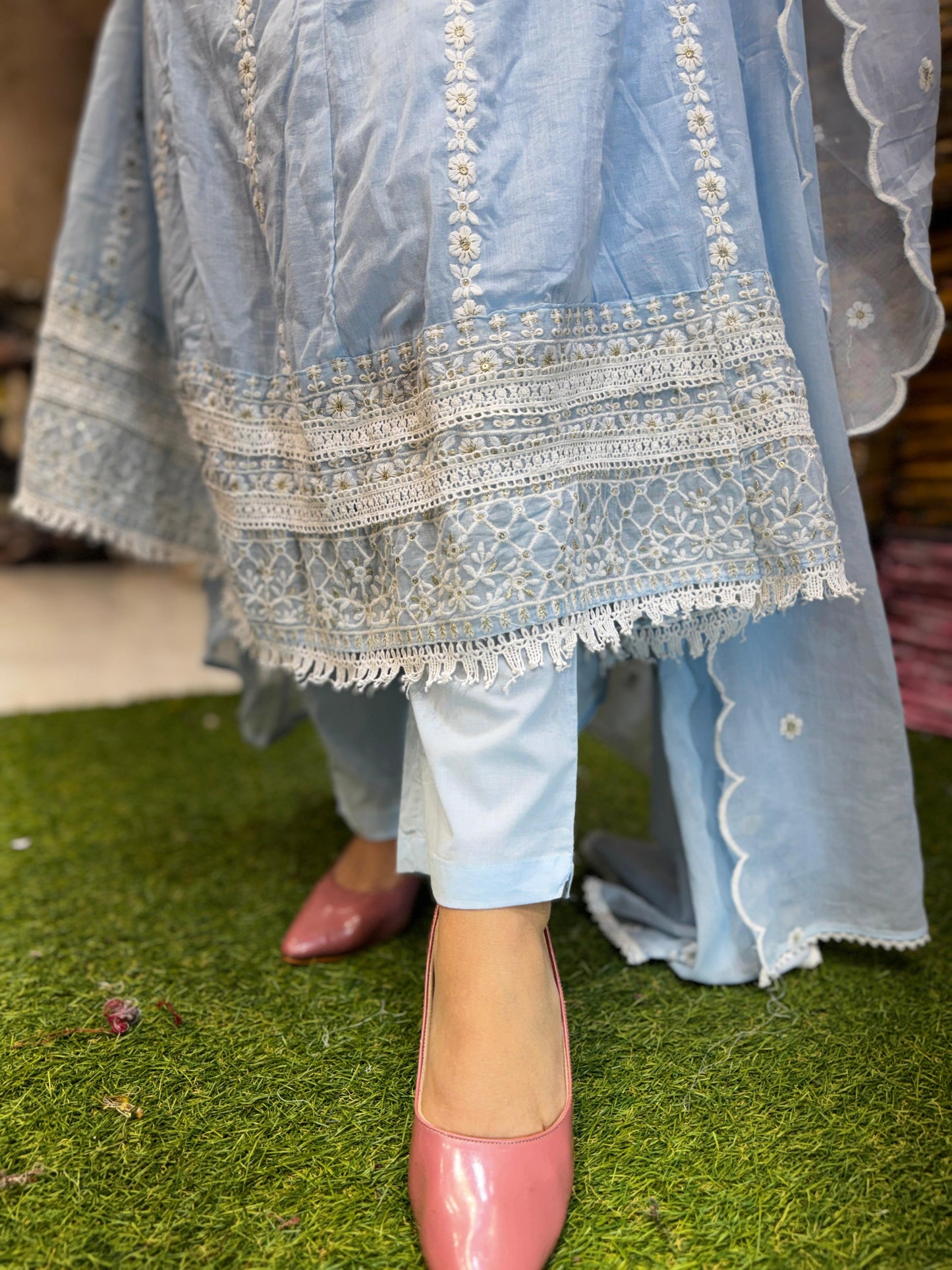 Pure Mull Cotton Sky Blue Shoulder Anarkali 3pc Set