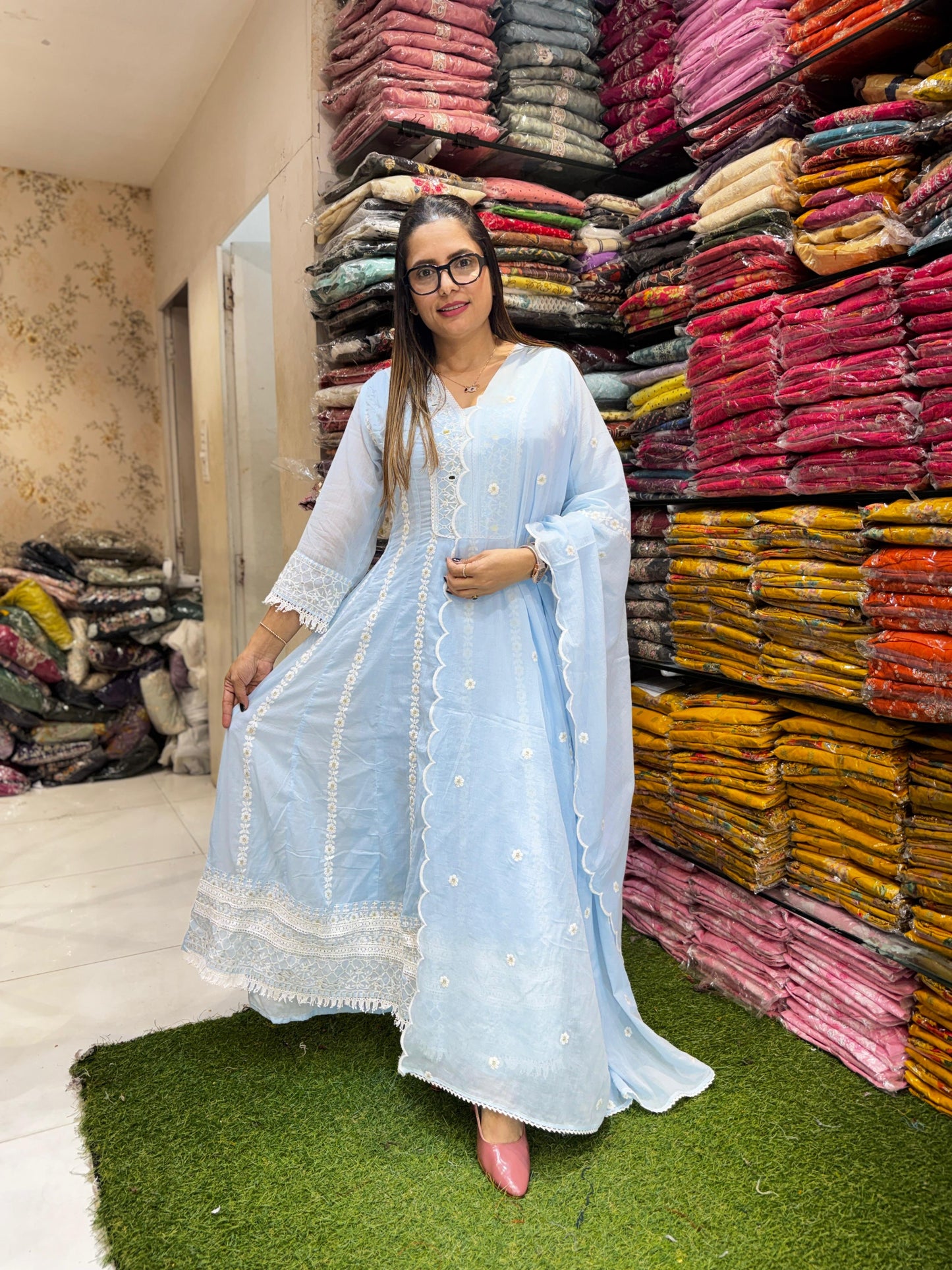 Pure Mull Cotton Sky Blue Shoulder Anarkali 3pc Set