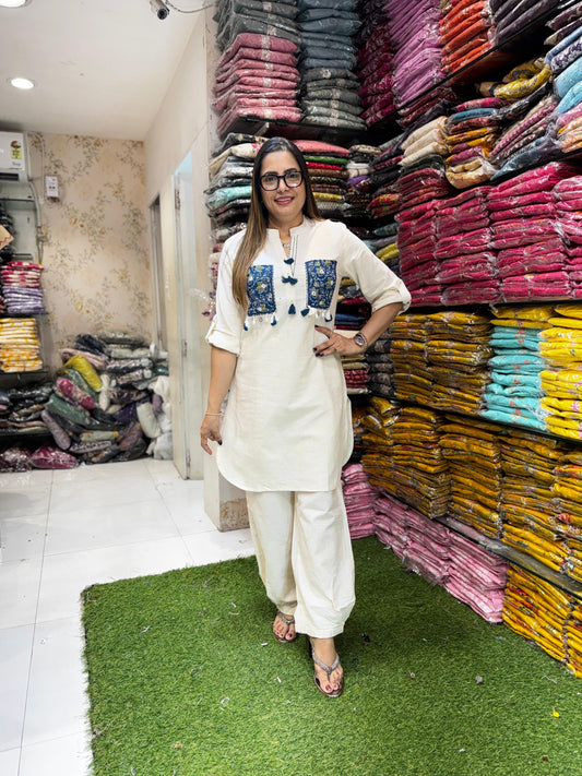 Pure Flex Cotton Off White And Blue(Pathani Style) 2pc Set