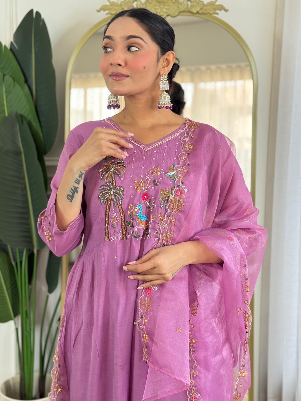 Pure Mull Chanderi Purple Pink 3pc Set