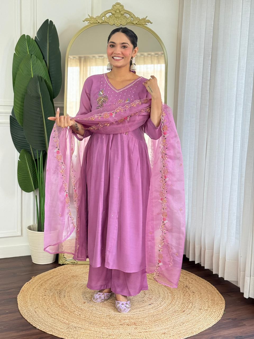 Pure Mull Chanderi Purple Pink 3pc Set
