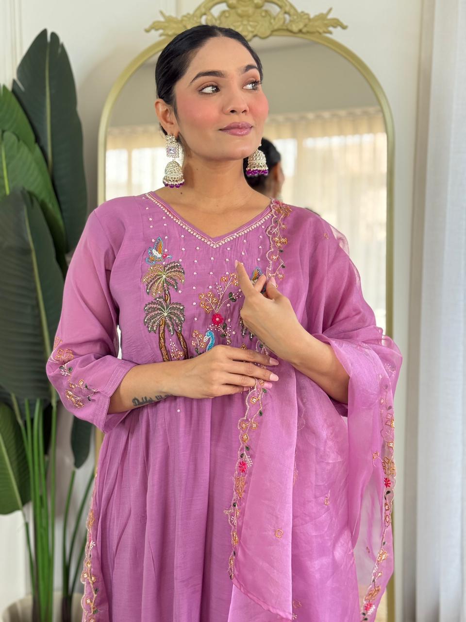 Pure Mull Chanderi Purple Pink 3pc Set