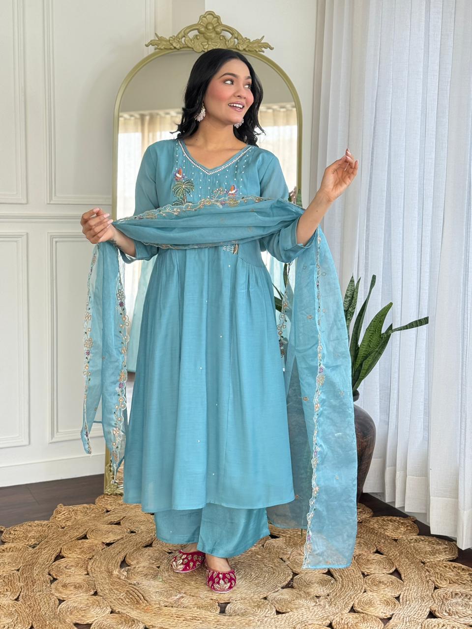 Pure Mull Chanderi Sea Green 3pc Set