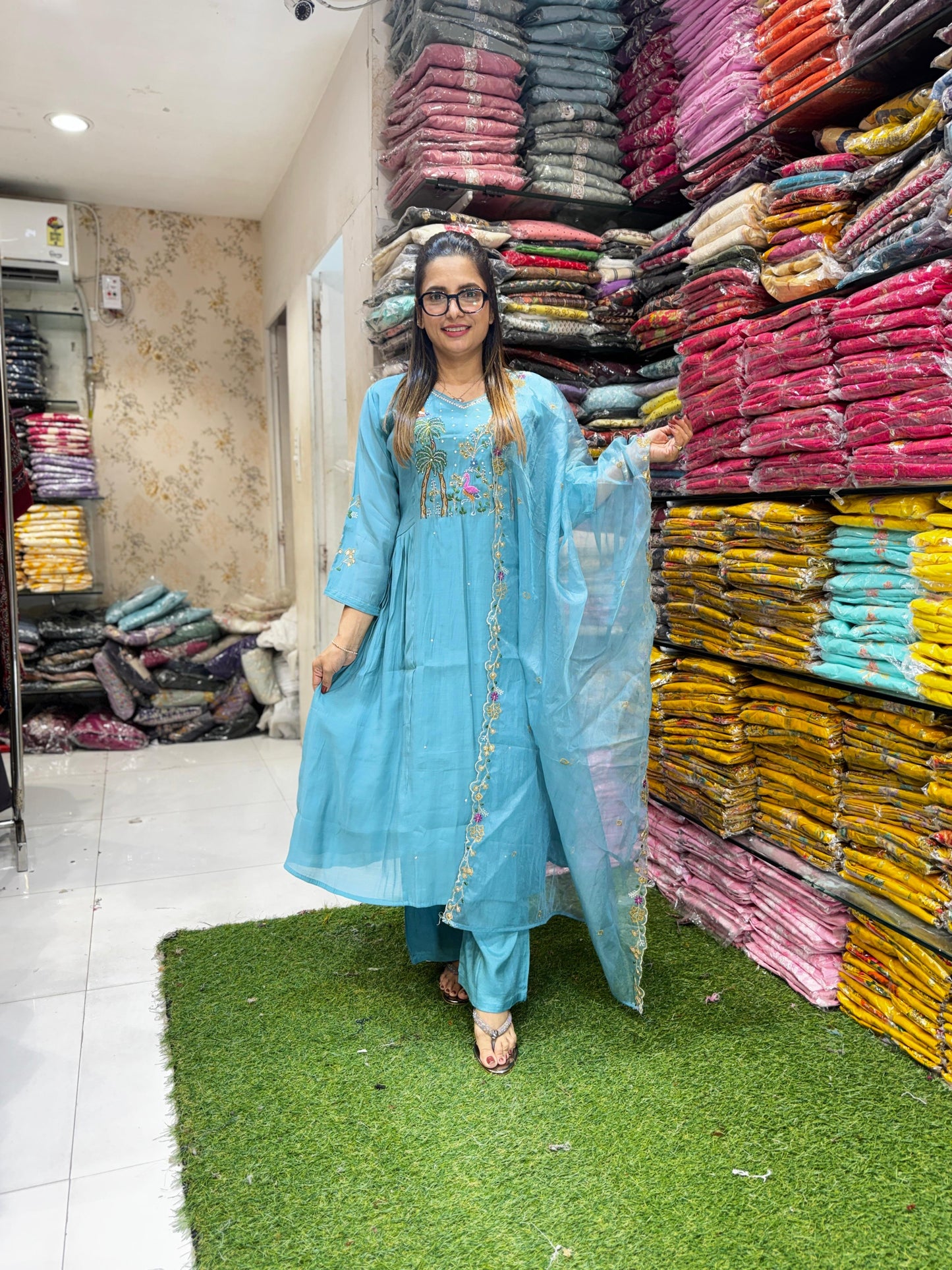 Pure Mull Chanderi Sea Green 3pc Set