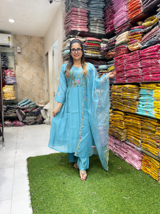 Pure Mull Chanderi Sea Green 3pc Set