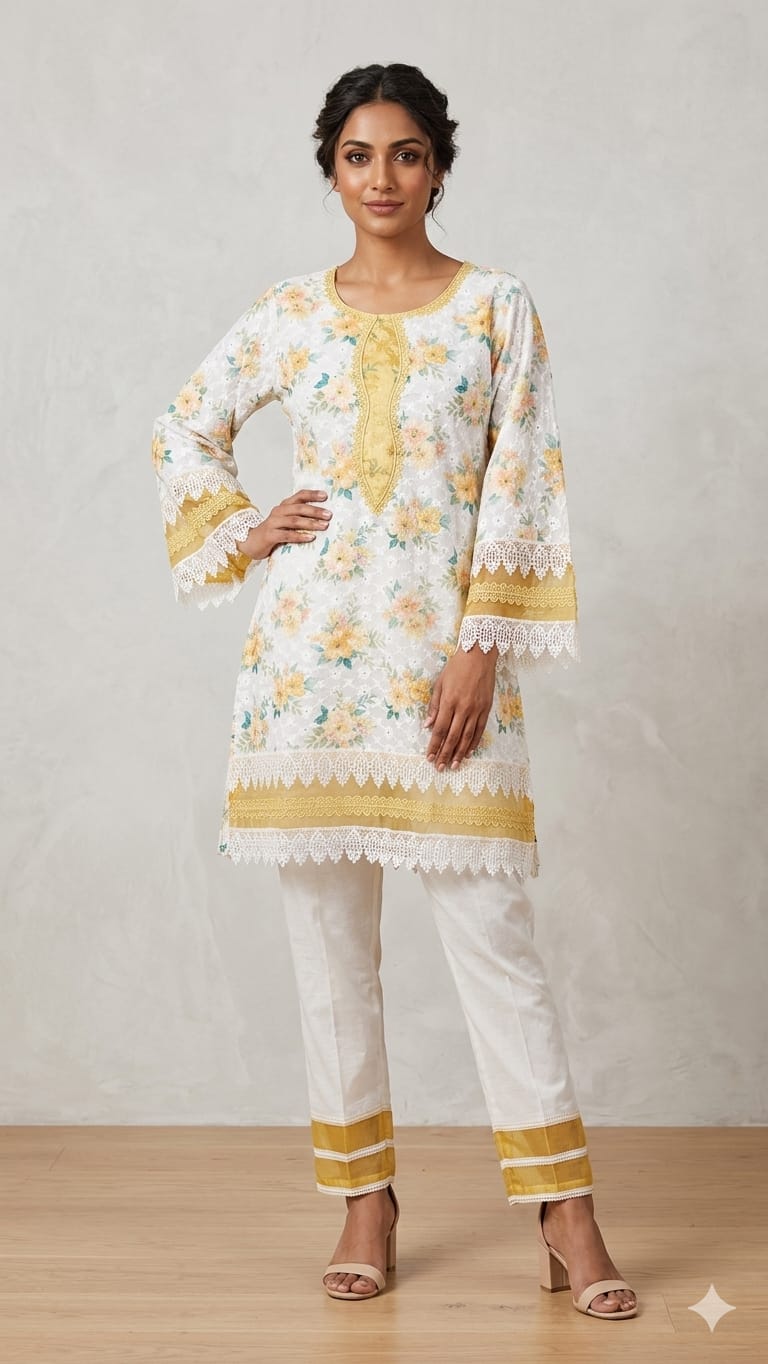 Pure Cotton Yellow And Off White 2pc Set