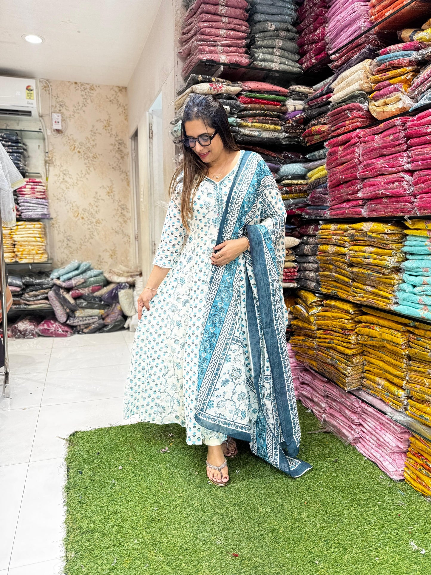 Pure Mull Cotton Off White And Sea Green Shoulder Anarkali 3pc Set