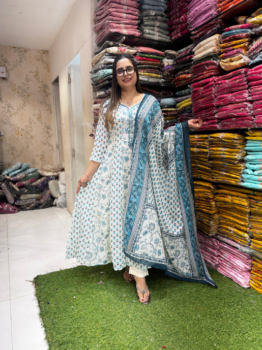 Pure Mull Cotton Off White And Sea Green Shoulder Anarkali 3pc Set