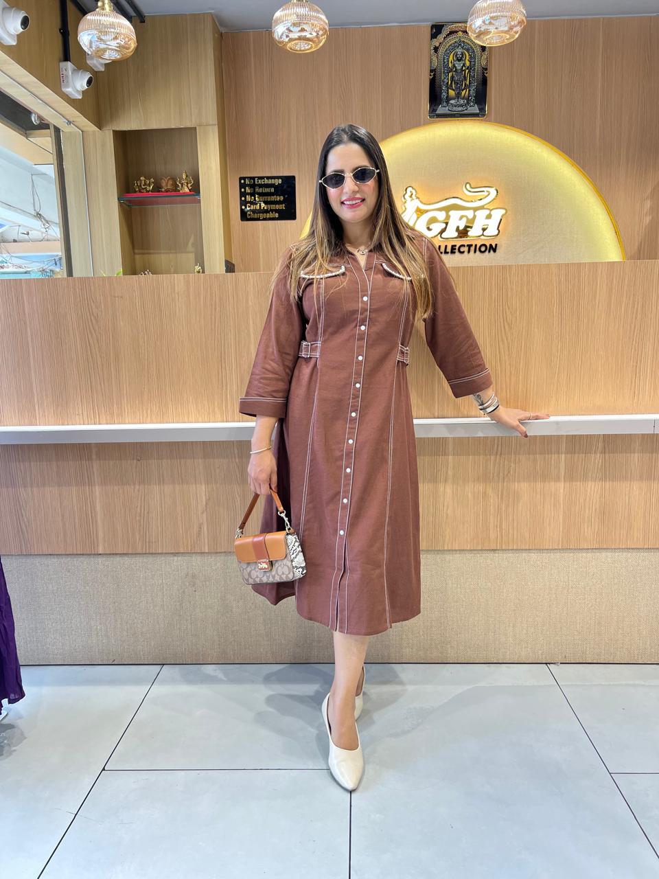 Pure Linen Cotton Brown Midi