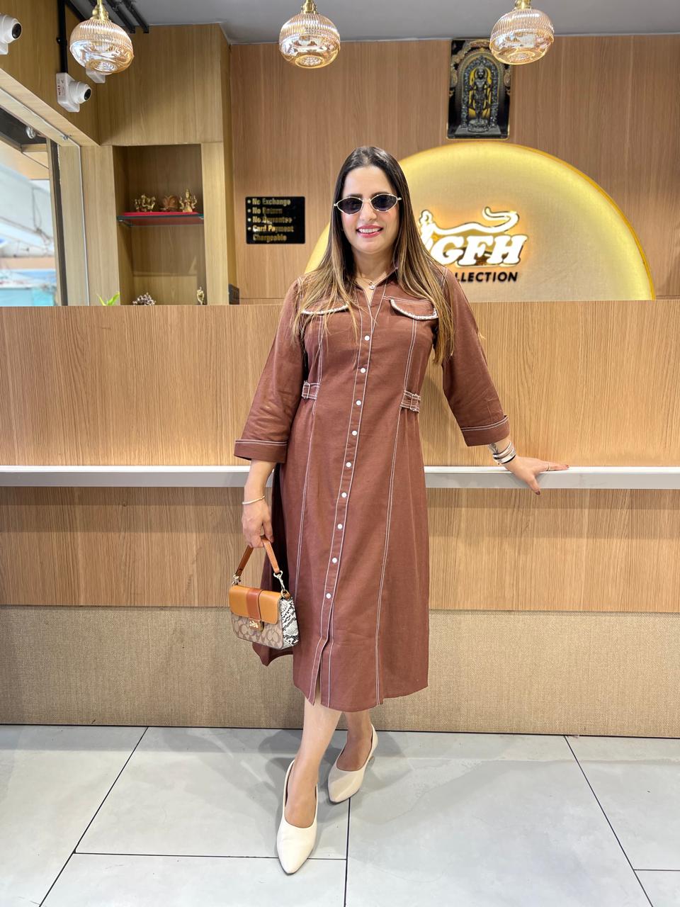 Pure Linen Cotton Brown Midi