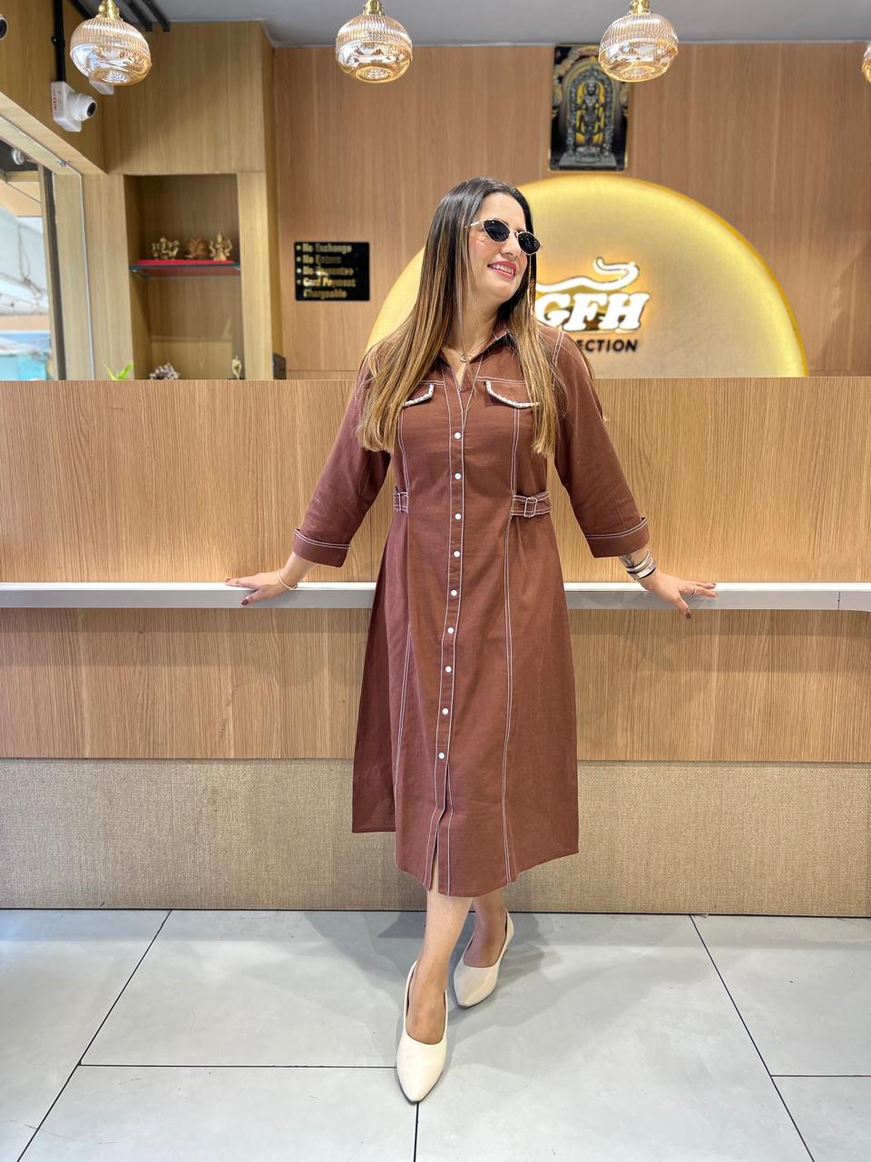 Pure Linen Cotton Brown Midi
