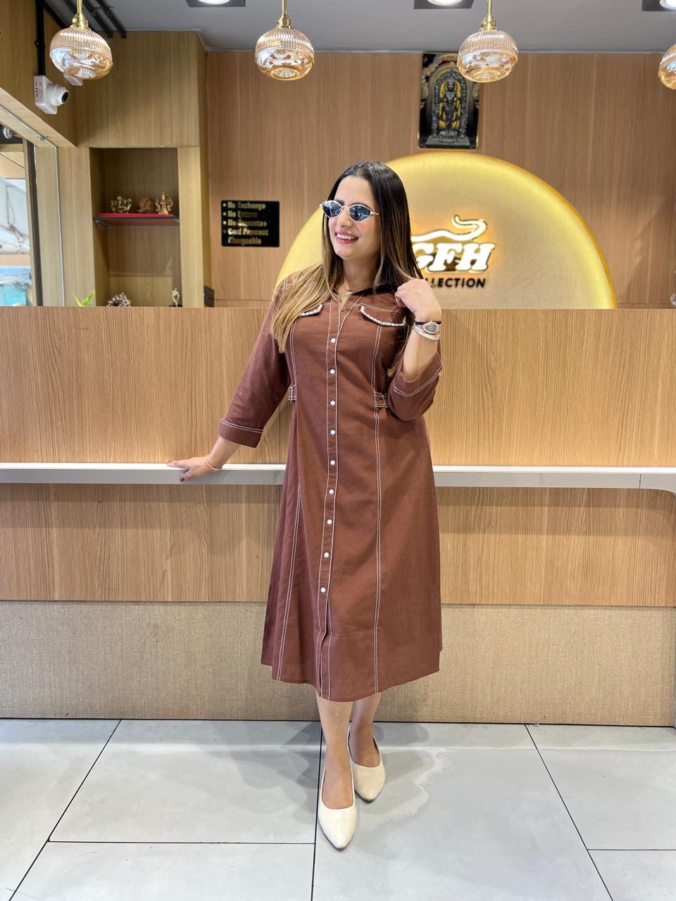 Pure Linen Cotton Brown Midi