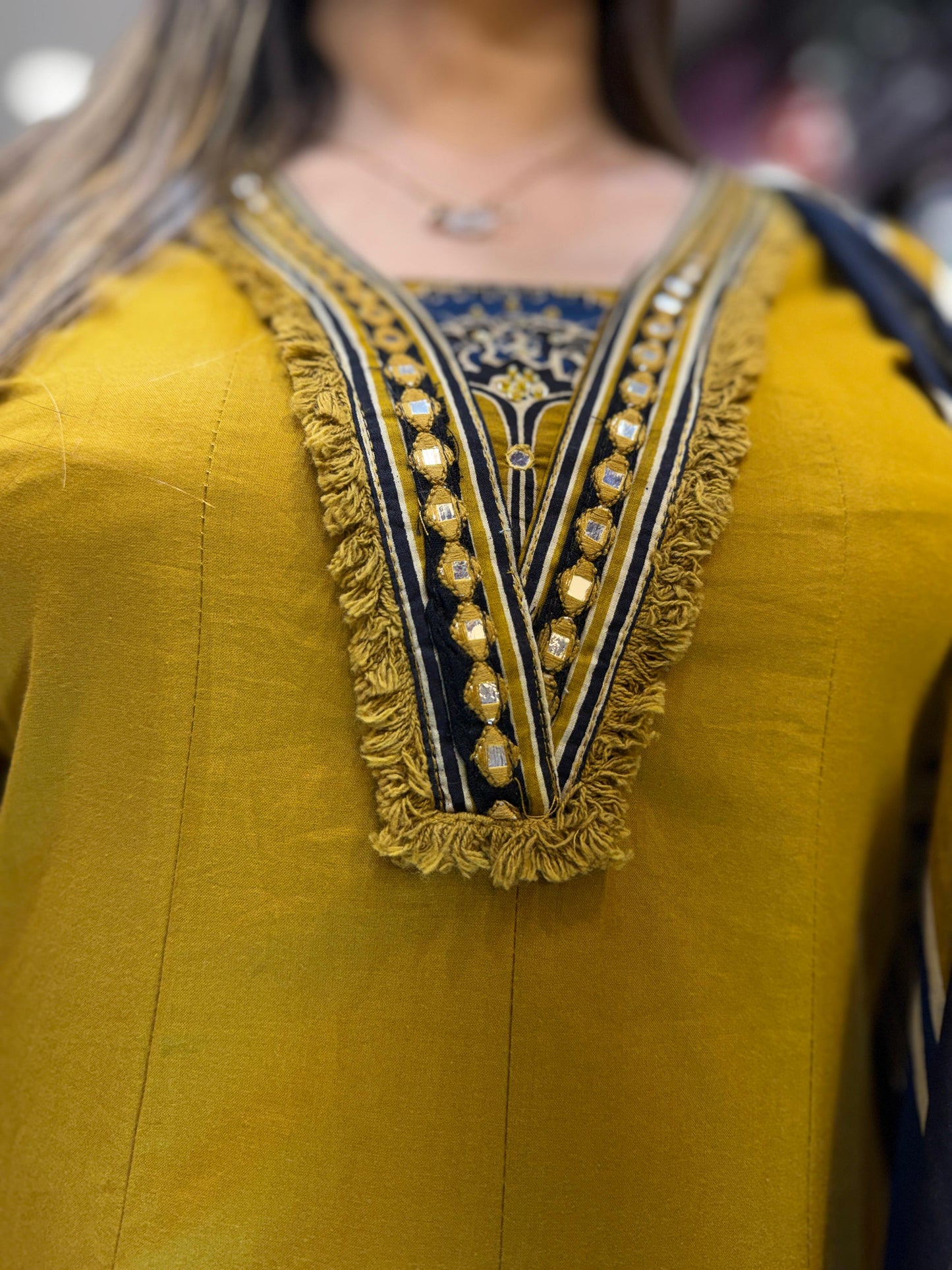 Pure Cotton Dark Mustard Yellow Shoulder Anarkali 3pc Set