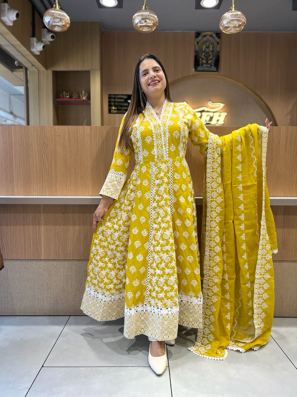 Pure Mull Cotton Mustard Yellow Shoulder Anarkali 3pc Set