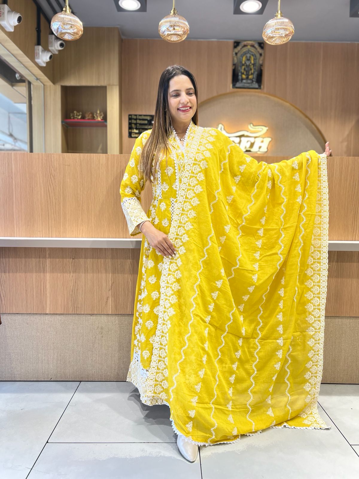 Pure Mull Cotton Mustard Yellow Shoulder Anarkali 3pc Set