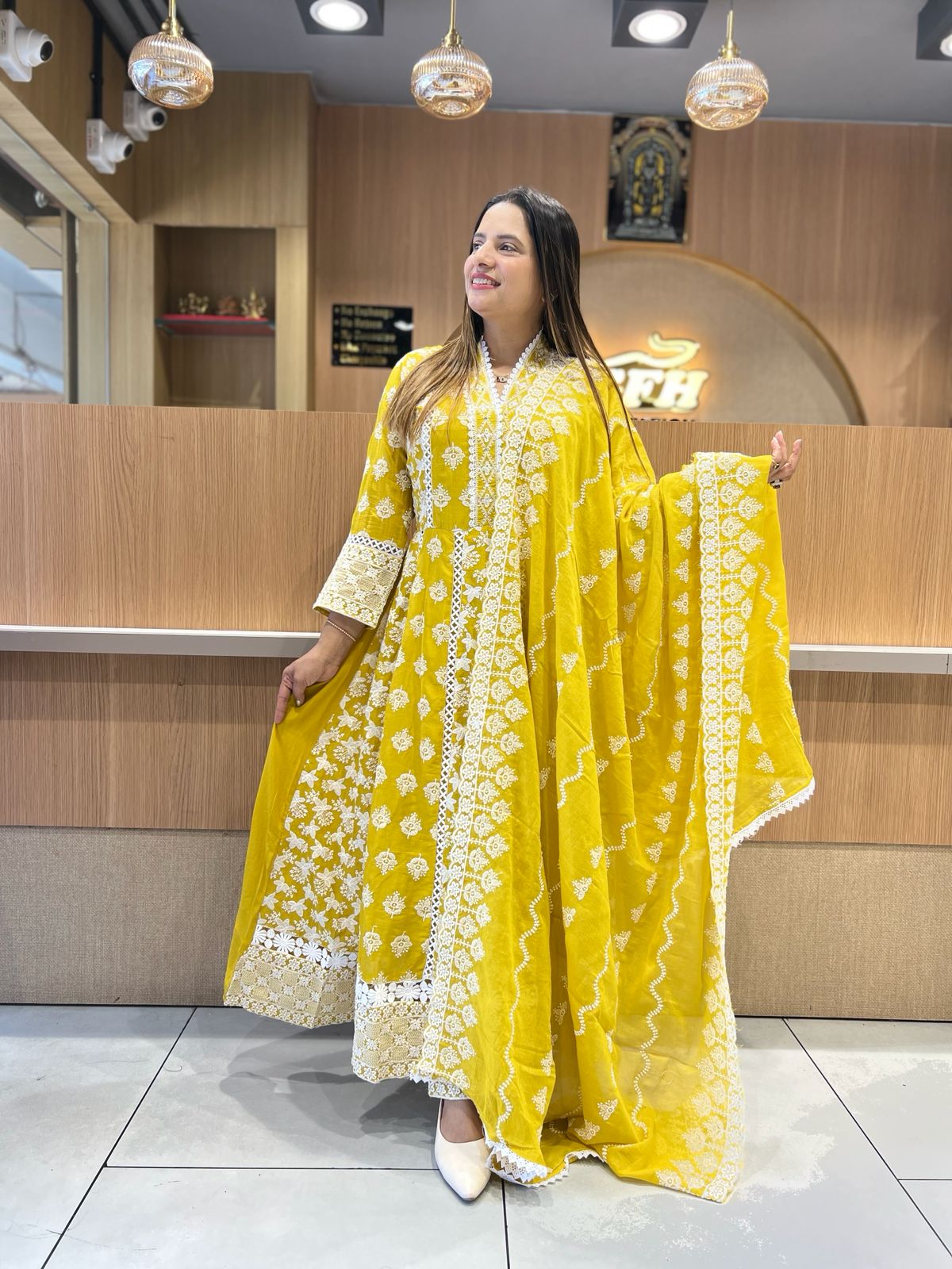 Pure Mull Cotton Mustard Yellow Shoulder Anarkali 3pc Set