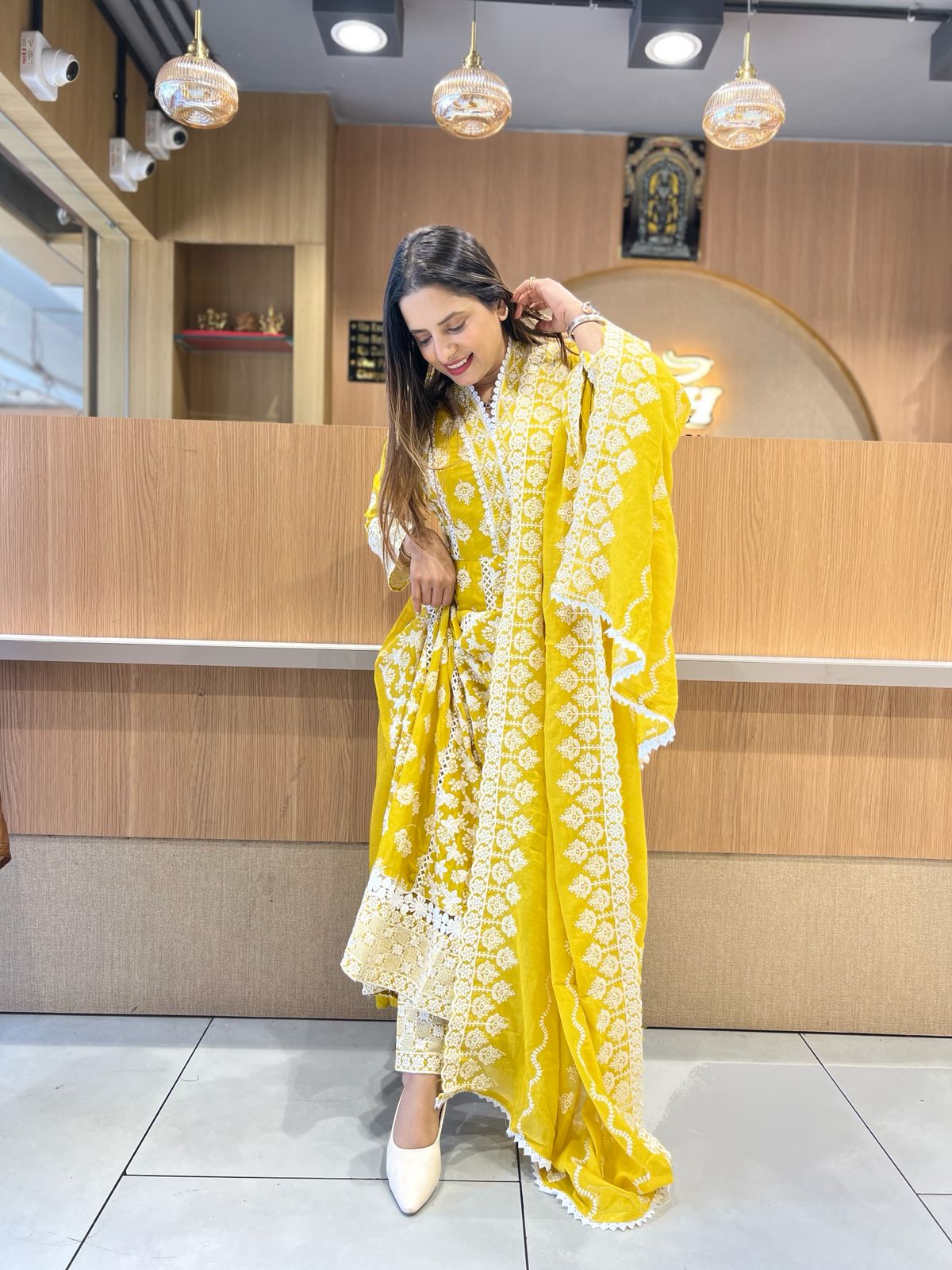 Pure Mull Cotton Mustard Yellow Shoulder Anarkali 3pc Set
