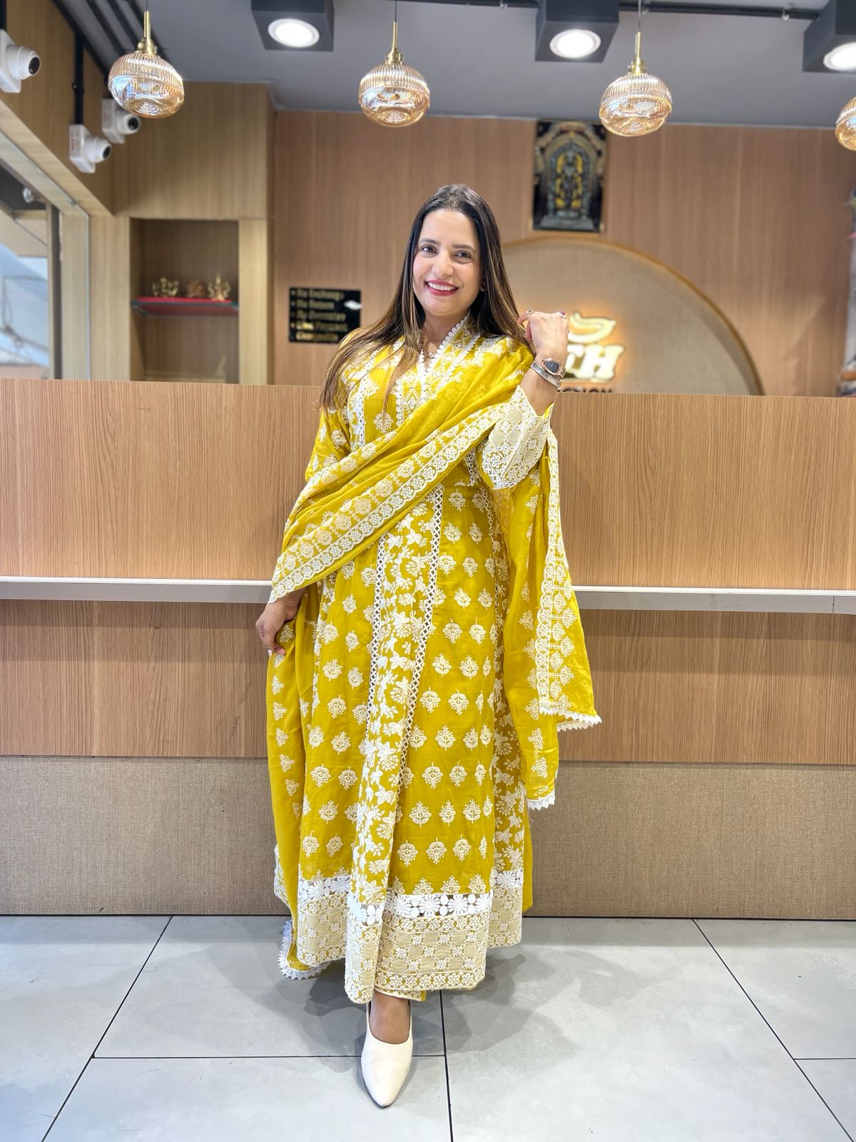 Pure Mull Cotton Mustard Yellow Shoulder Anarkali 3pc Set