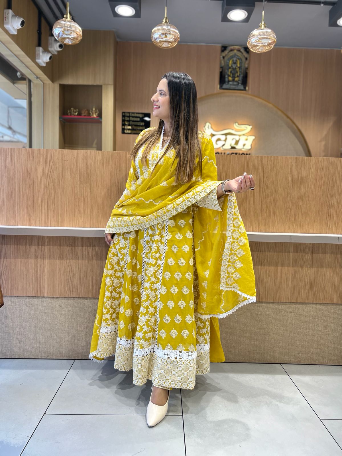 Pure Mull Cotton Mustard Yellow Shoulder Anarkali 3pc Set