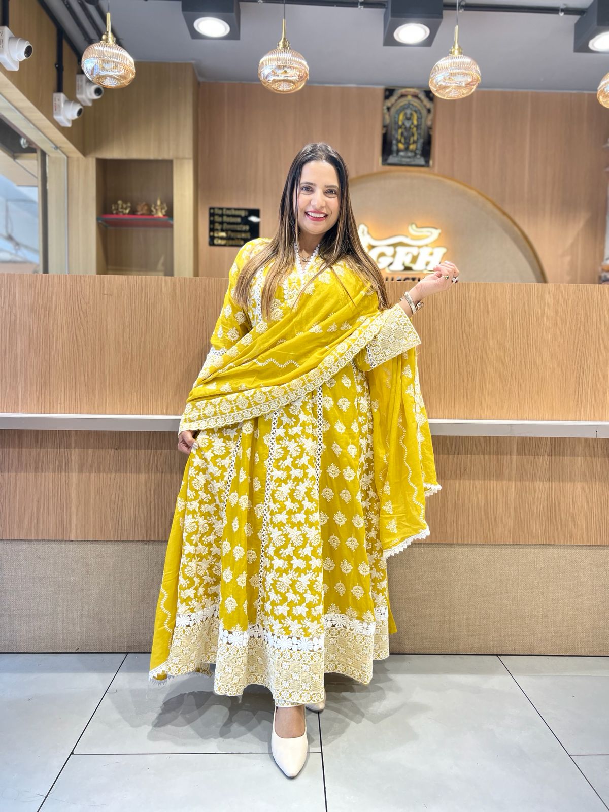 Pure Mull Cotton Mustard Yellow Shoulder Anarkali 3pc Set