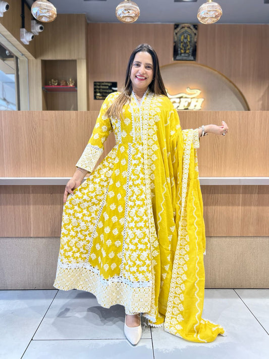 Pure Mull Cotton Mustard Yellow Shoulder Anarkali 3pc Set