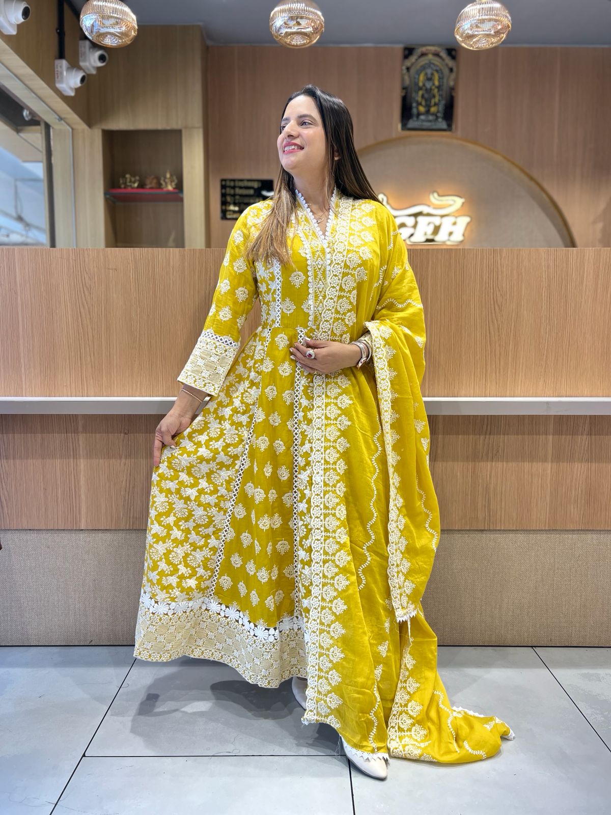 Pure Mull Cotton Mustard Yellow Shoulder Anarkali 3pc Set
