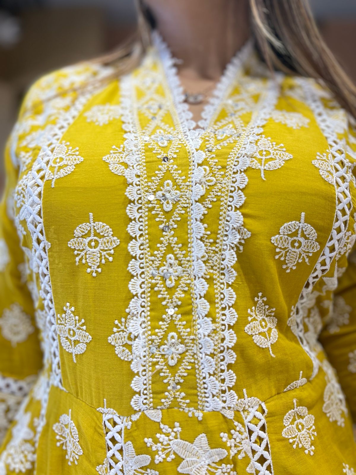 Pure Mull Cotton Mustard Yellow Shoulder Anarkali 3pc Set