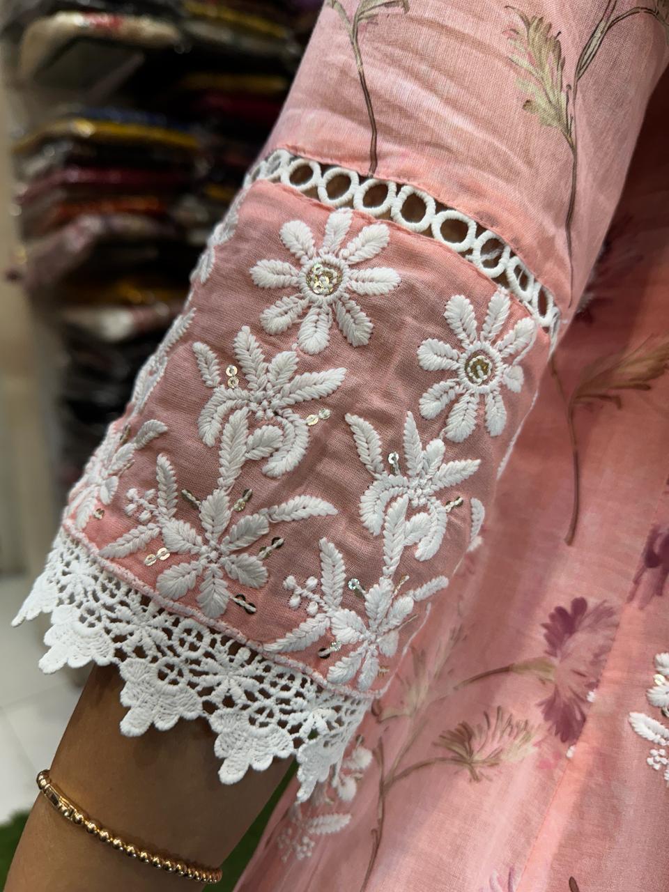 Pure Mull Cotton Peach Pink Shoulder Anarkali 3pc Set
