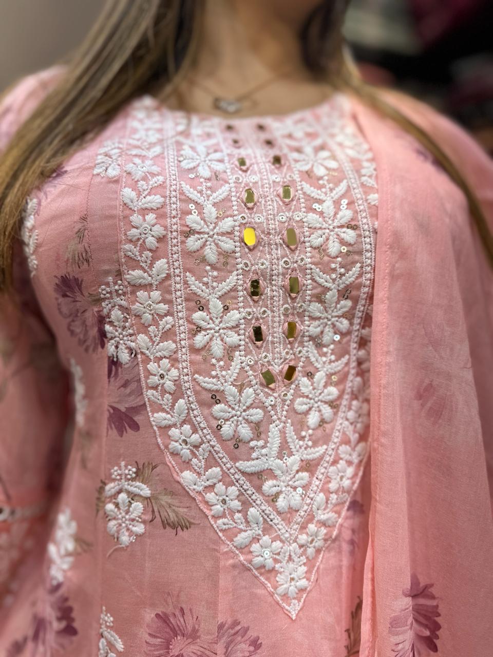 Pure Mull Cotton Peach Pink Shoulder Anarkali 3pc Set