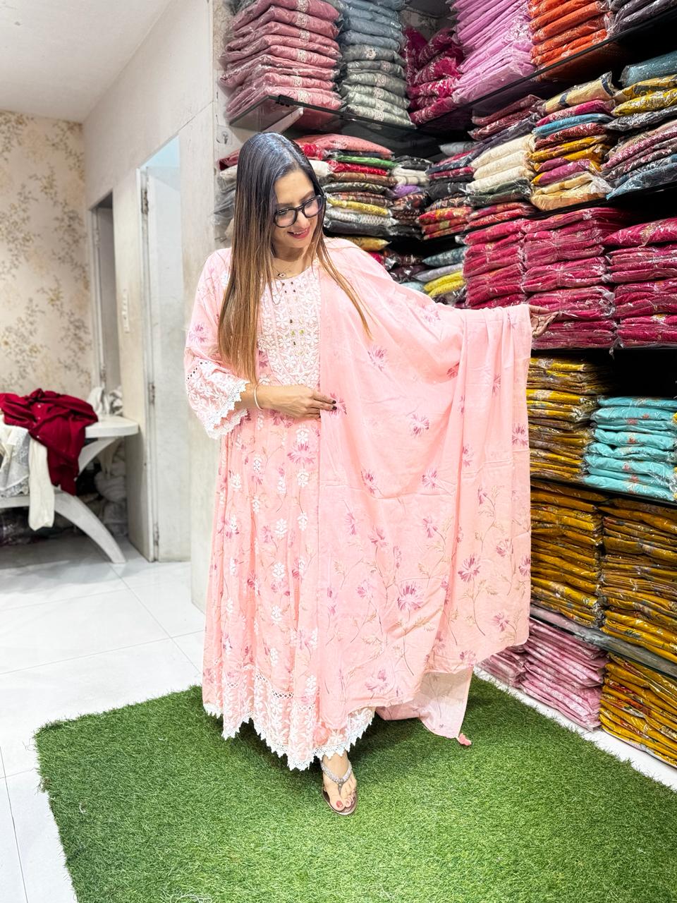 Pure Mull Cotton Peach Pink Shoulder Anarkali 3pc Set