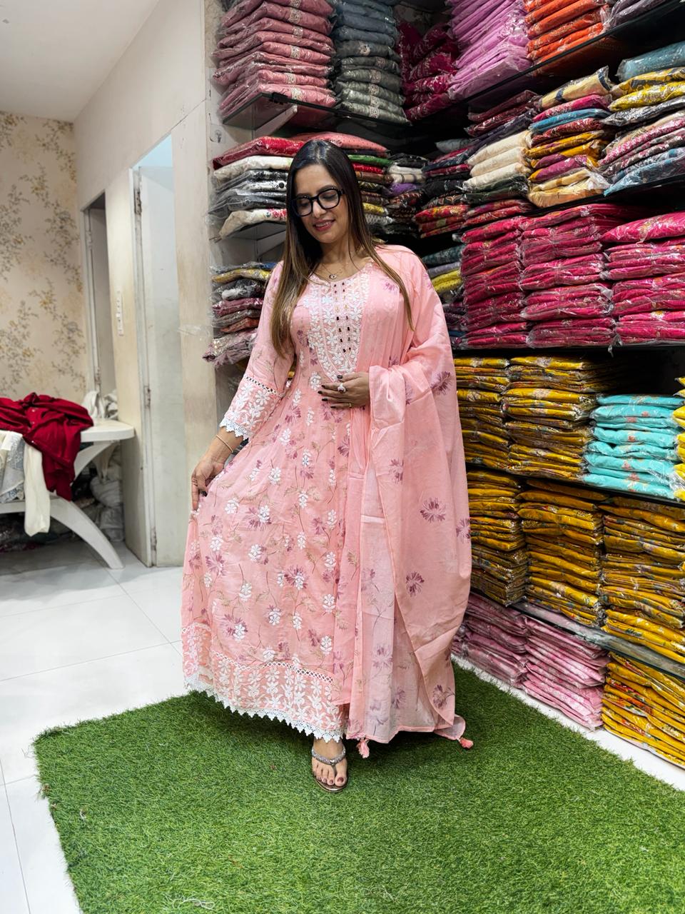 Pure Mull Cotton Peach Pink Shoulder Anarkali 3pc Set