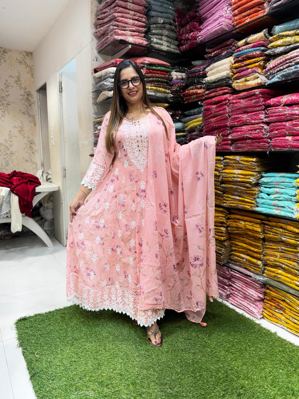 Pure Mull Cotton Peach Pink Shoulder Anarkali 3pc Set