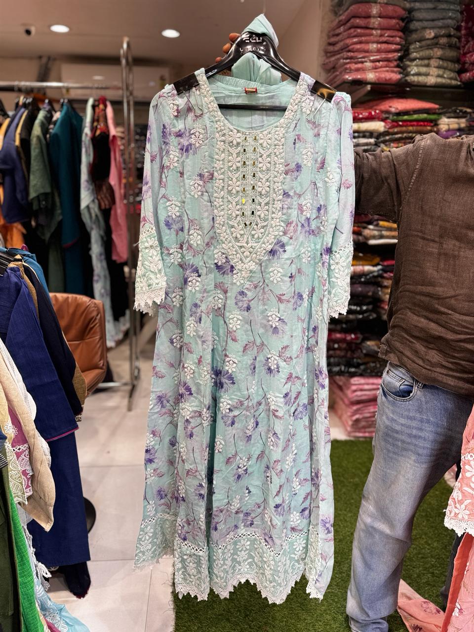 Pure Mull Cotton Aqua Green Shoulder Anarkali 3pc Set
