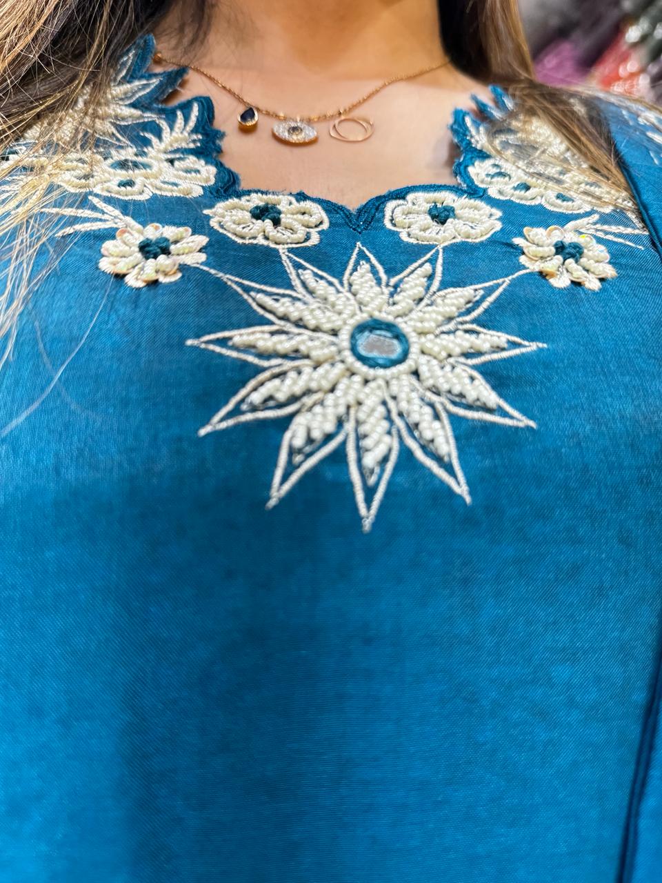 Pure Muslin Off White And Teal Blue Farsi Salwar 3pc Set