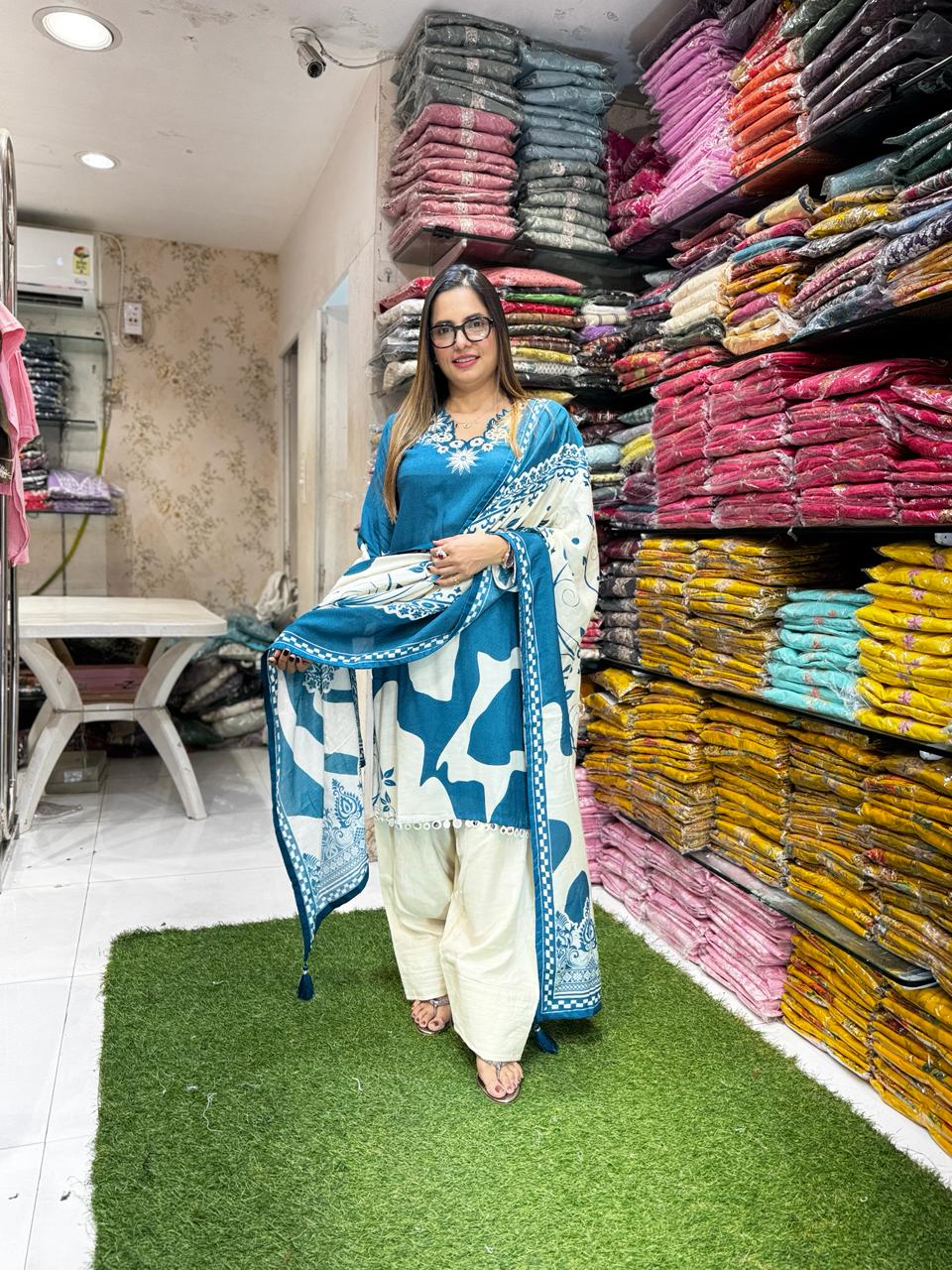 Pure Muslin Off White And Teal Blue Farsi Salwar 3pc Set