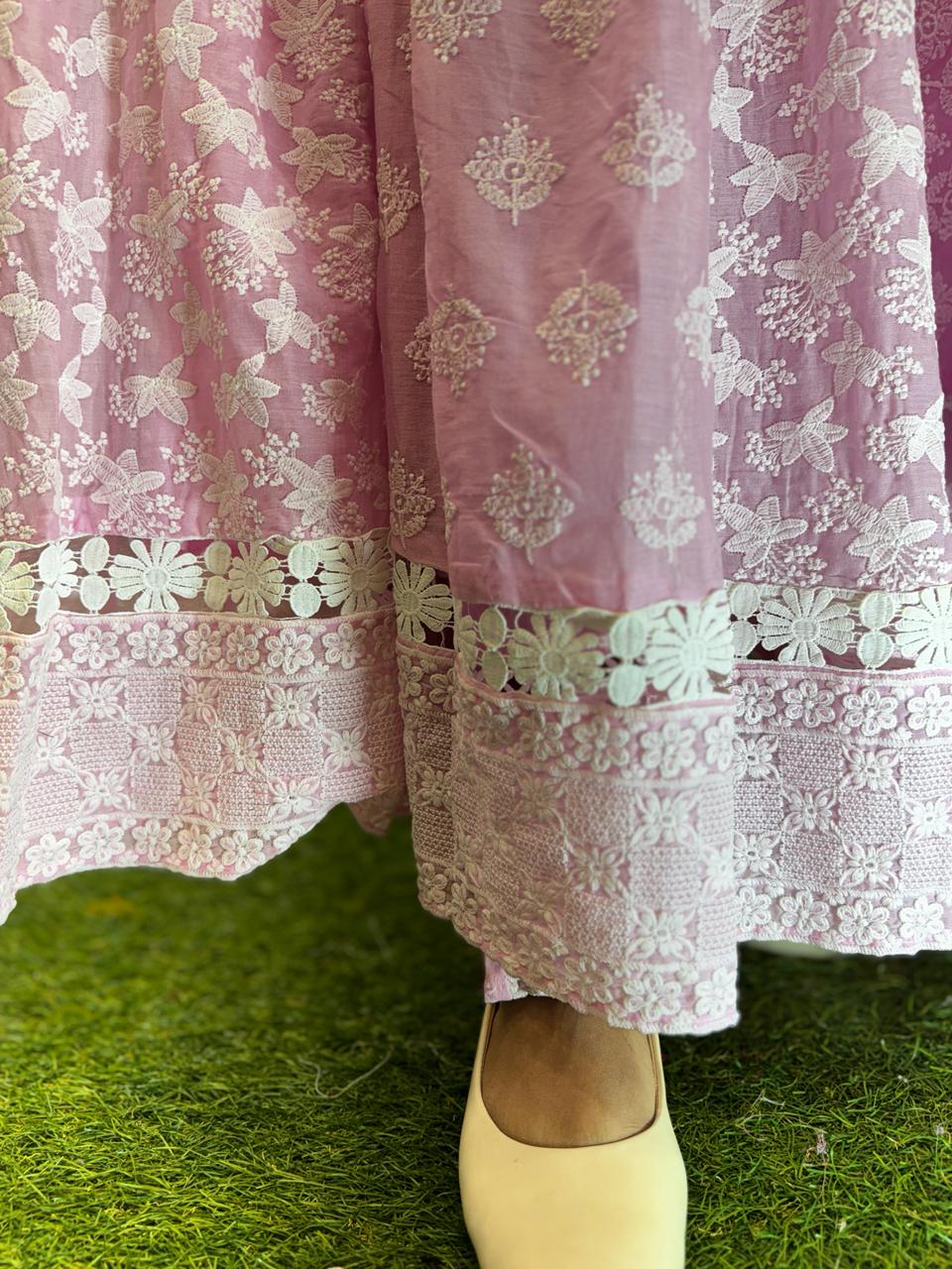 Pure Mull Cotton Pink Shoulder Anarkali 3pc Set