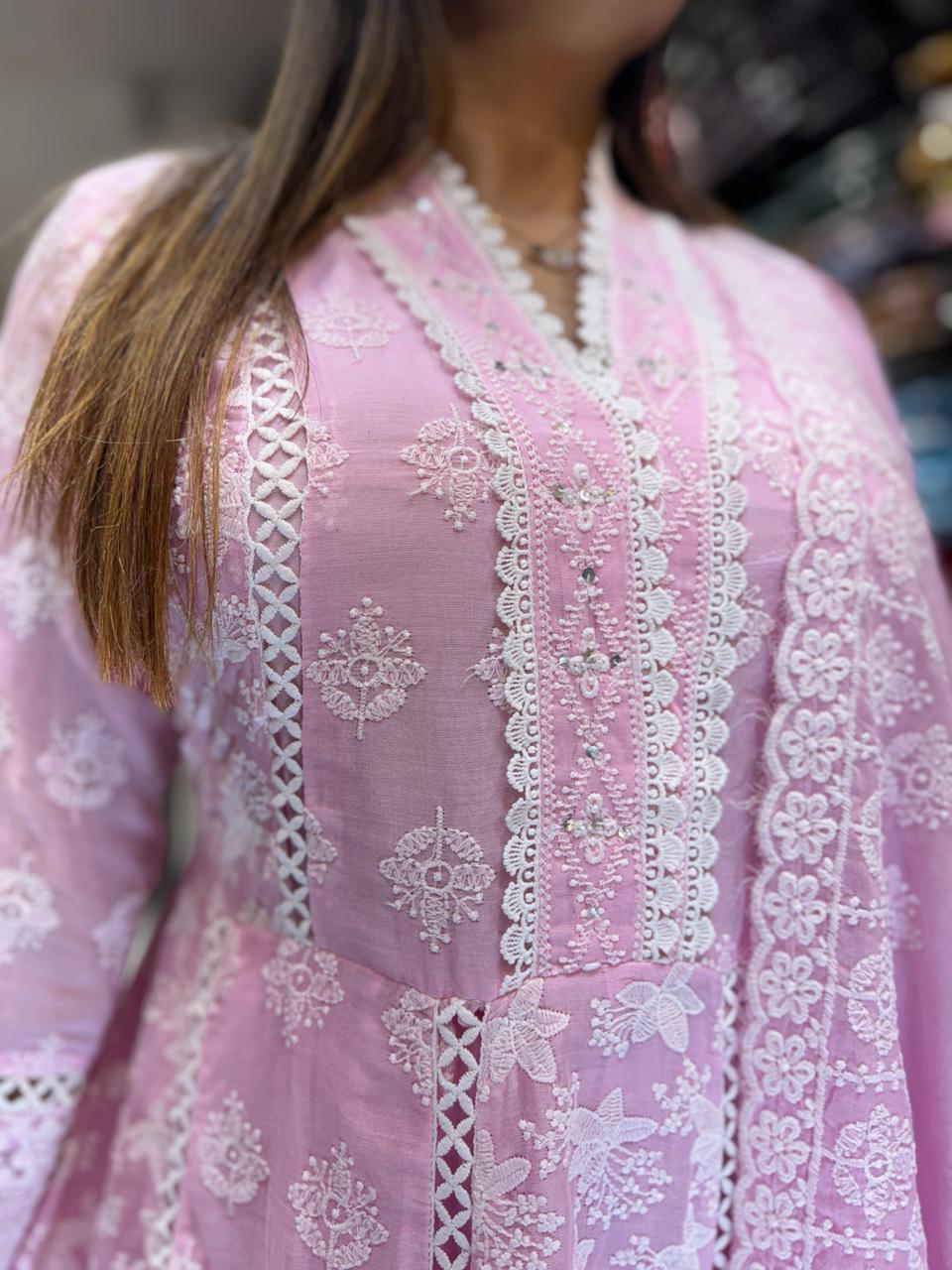 Pure Mull Cotton Pink Shoulder Anarkali 3pc Set
