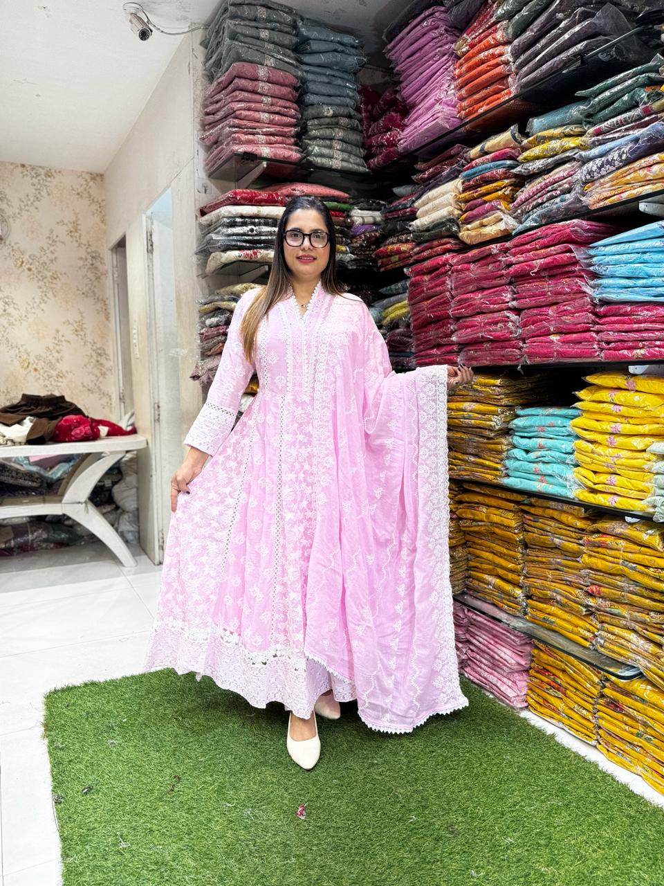 Pure Mull Cotton Pink Shoulder Anarkali 3pc Set