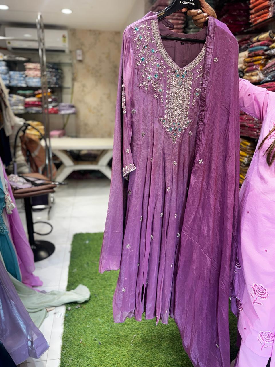Pure Chinon Purple Shoulder Anarkali 3pc Set