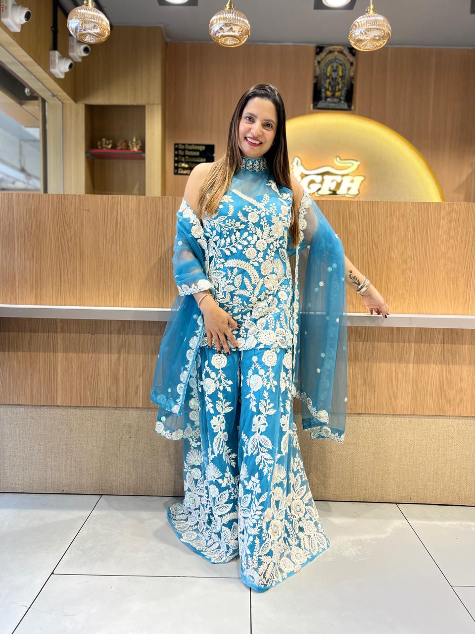 Pure Super Net Firozi 3pc set