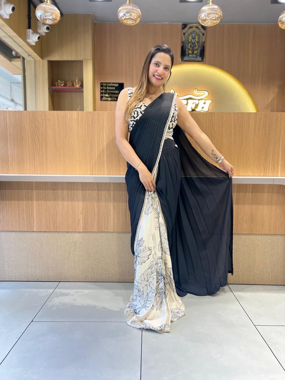 Pure Gaji Georgette Black And White Drep Saree