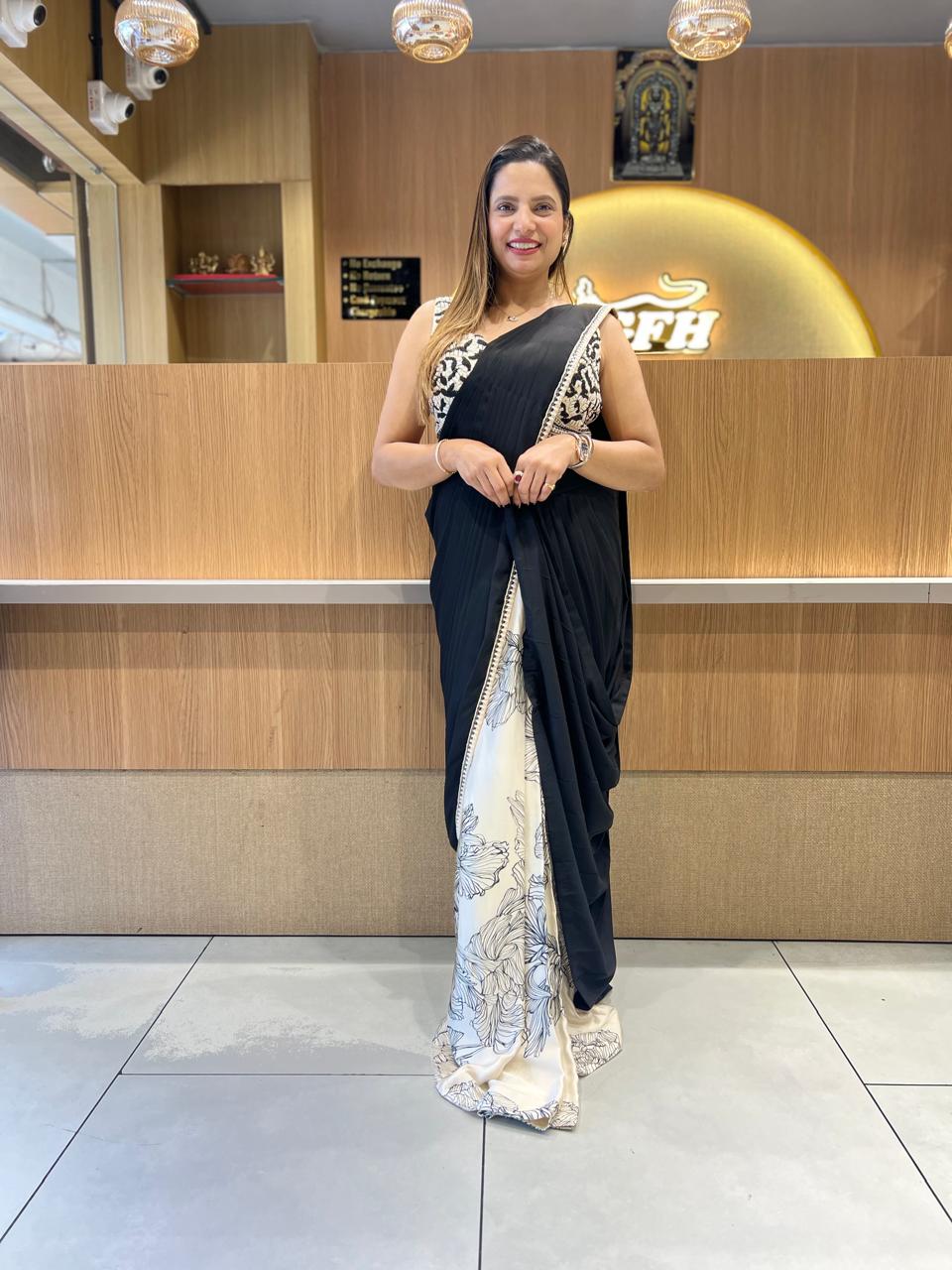Pure Gaji Georgette Black And White Drep Saree