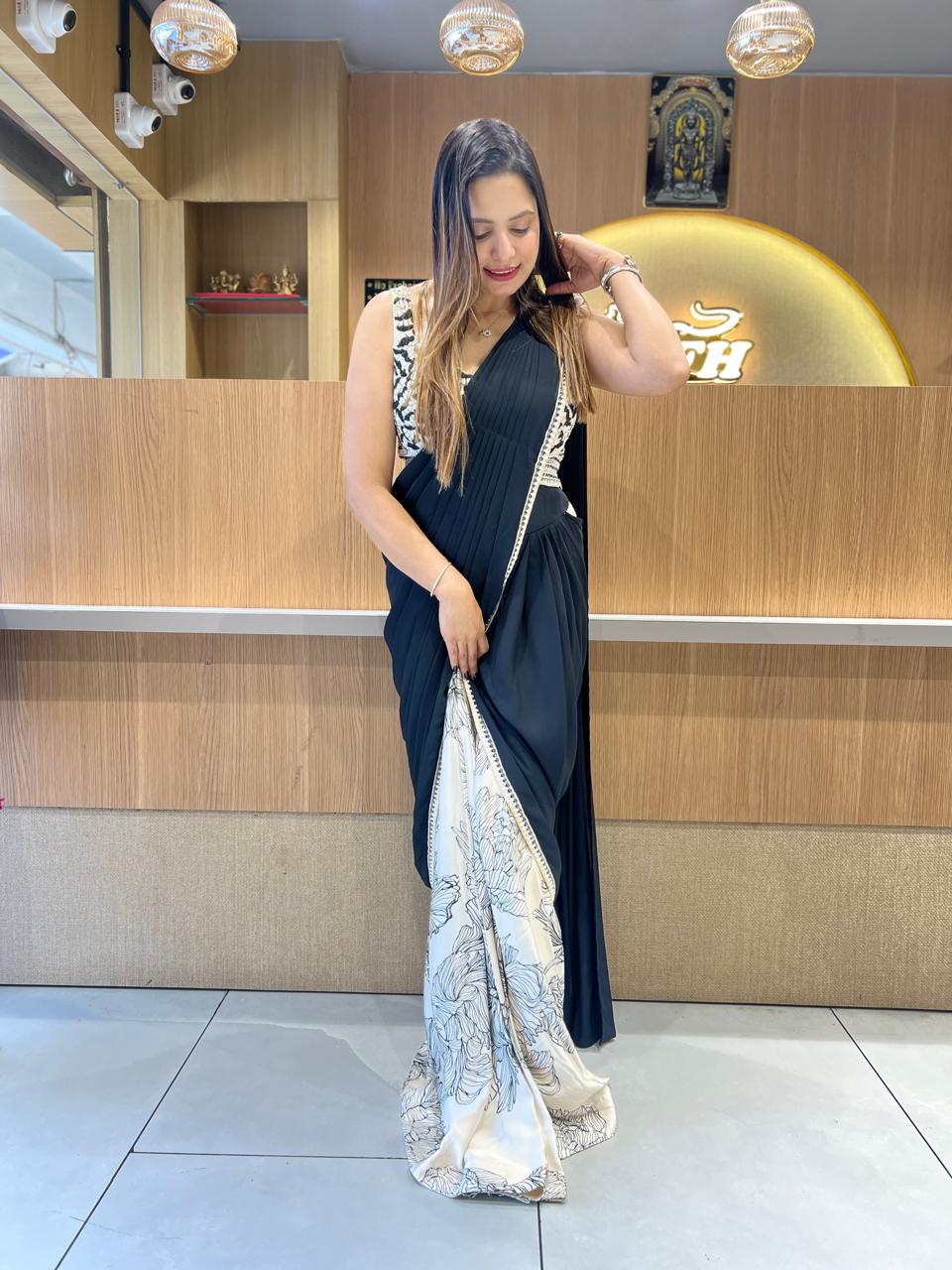 Pure Gaji Georgette Black And White Drep Saree