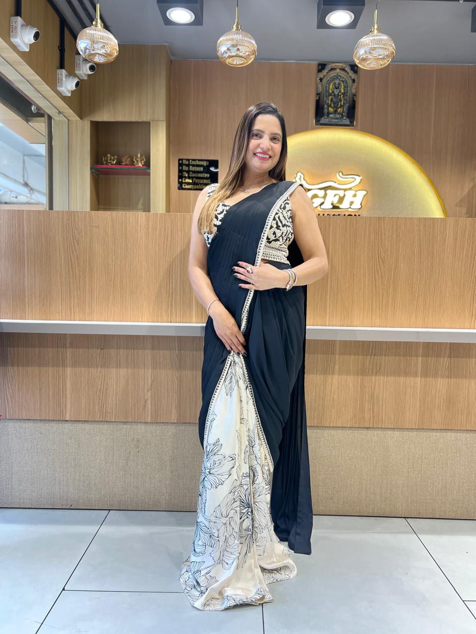 Pure Gaji Georgette Black And White Drep Saree