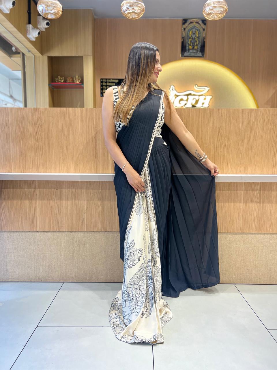 Pure Gaji Georgette Black And White Drep Saree