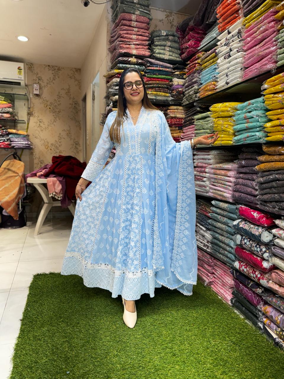 Pure Mull Cotton Sky Blue Anarkali 3pc Set
