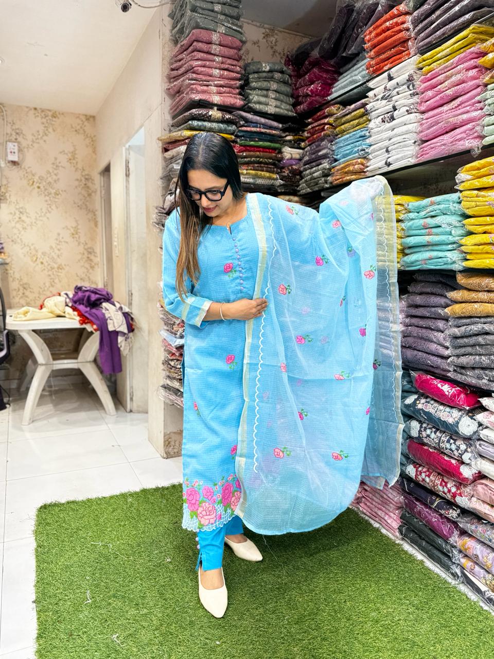 Pure Kota Doria Blue 3pc Set