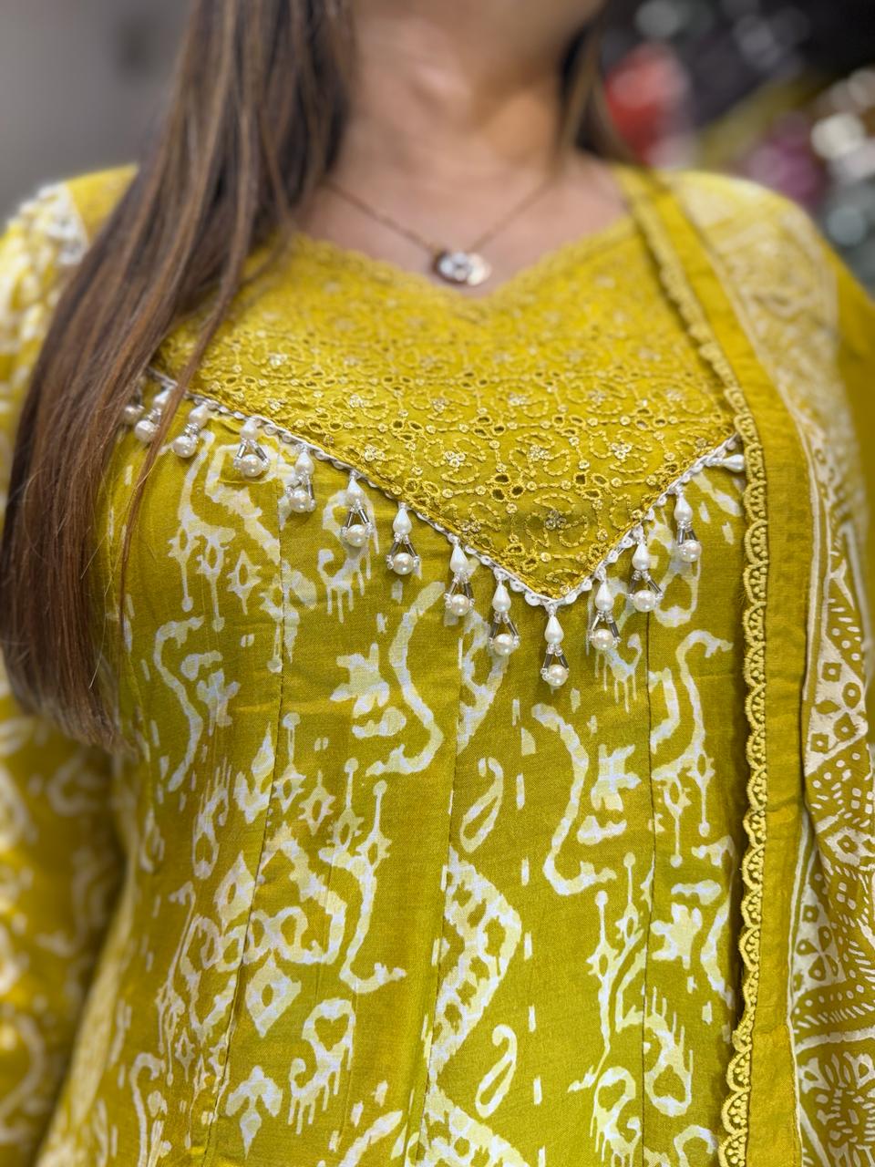 Pure Muslin Yellow Shoulder Anarkali 3pc Set