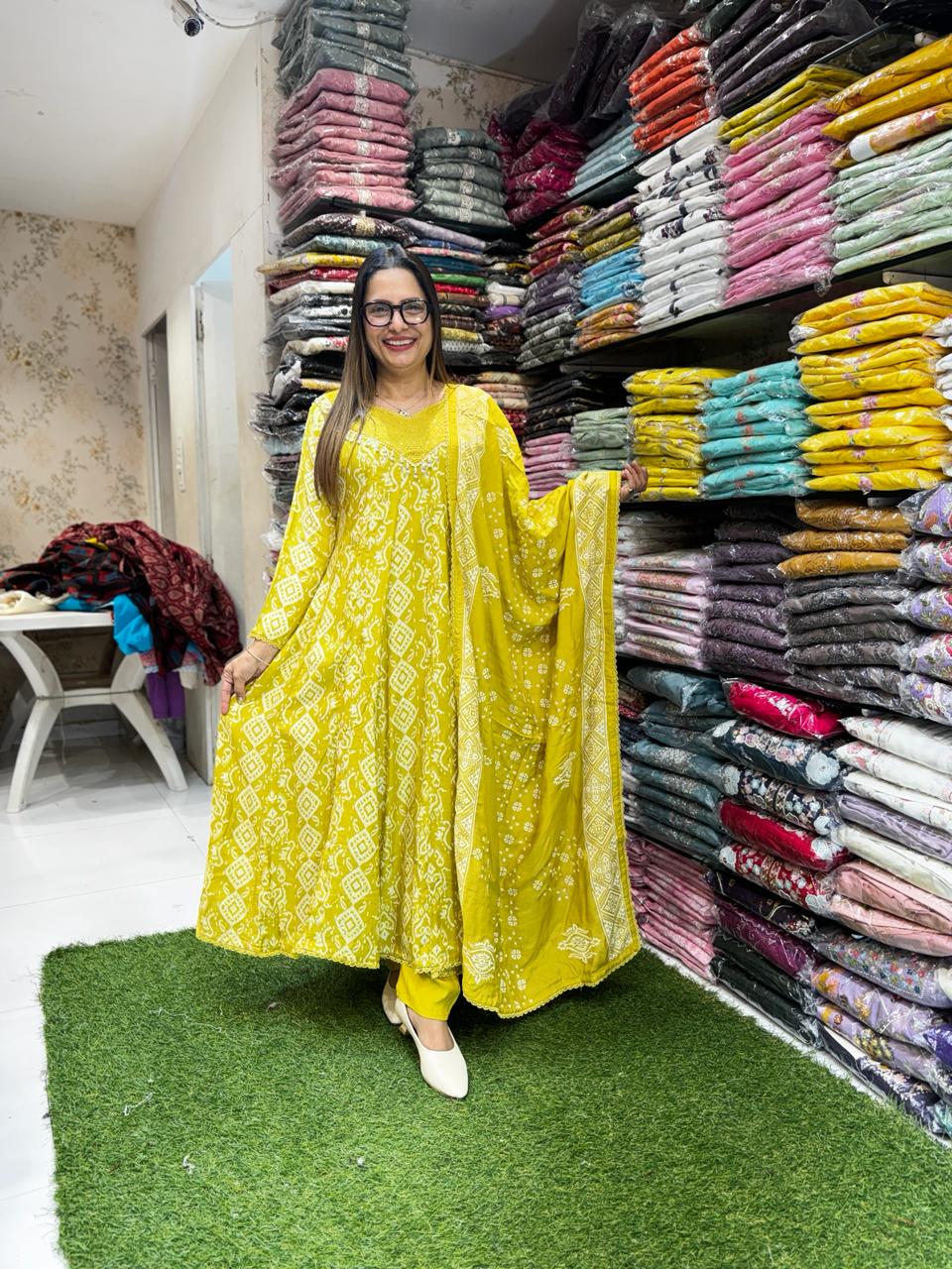 Pure Muslin Yellow Shoulder Anarkali 3pc Set